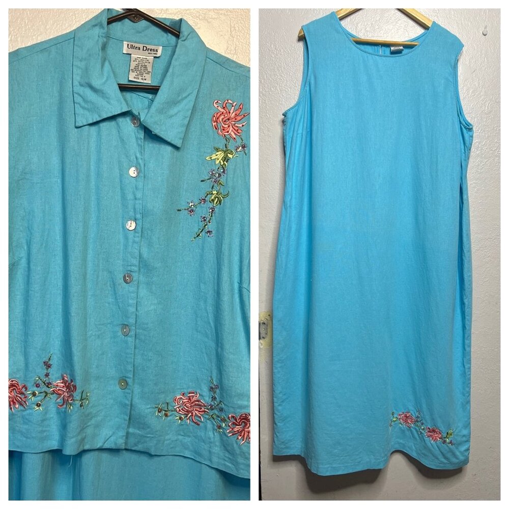 VINTAGE Ultra Dress Size 18W Blue Embroidered Floral Two-Piece Linen/Rayon Set